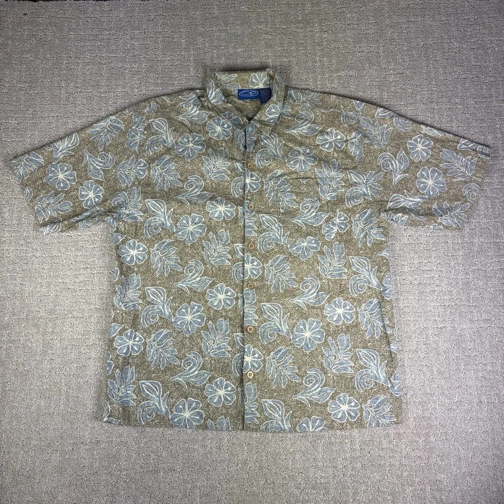 VTG OP Shirt Mens Large Green/Grey Floral Hawaiian SS Button Front Camp Y2K 90s